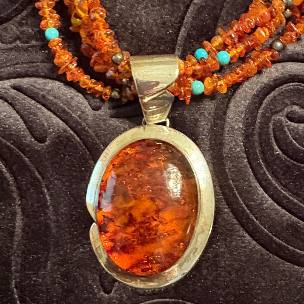 NWOT Jay King Mine Finds Amber & Turquoise Beaded Necklace w/925 Silver Pendant - Picture 2 of 14